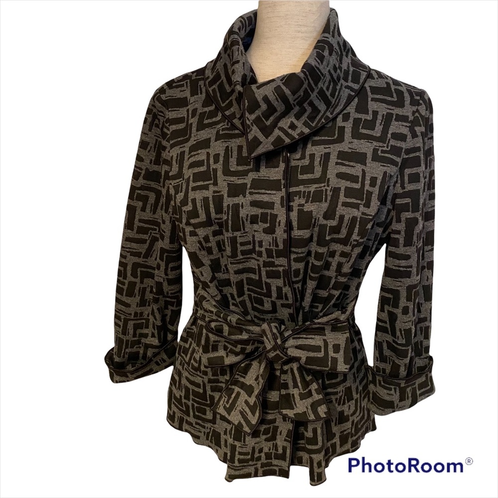 GARFIELD & MARKS JACKET BLACK GRAY ATTACHED BELT 3/4 SLEEVE SIZE M
